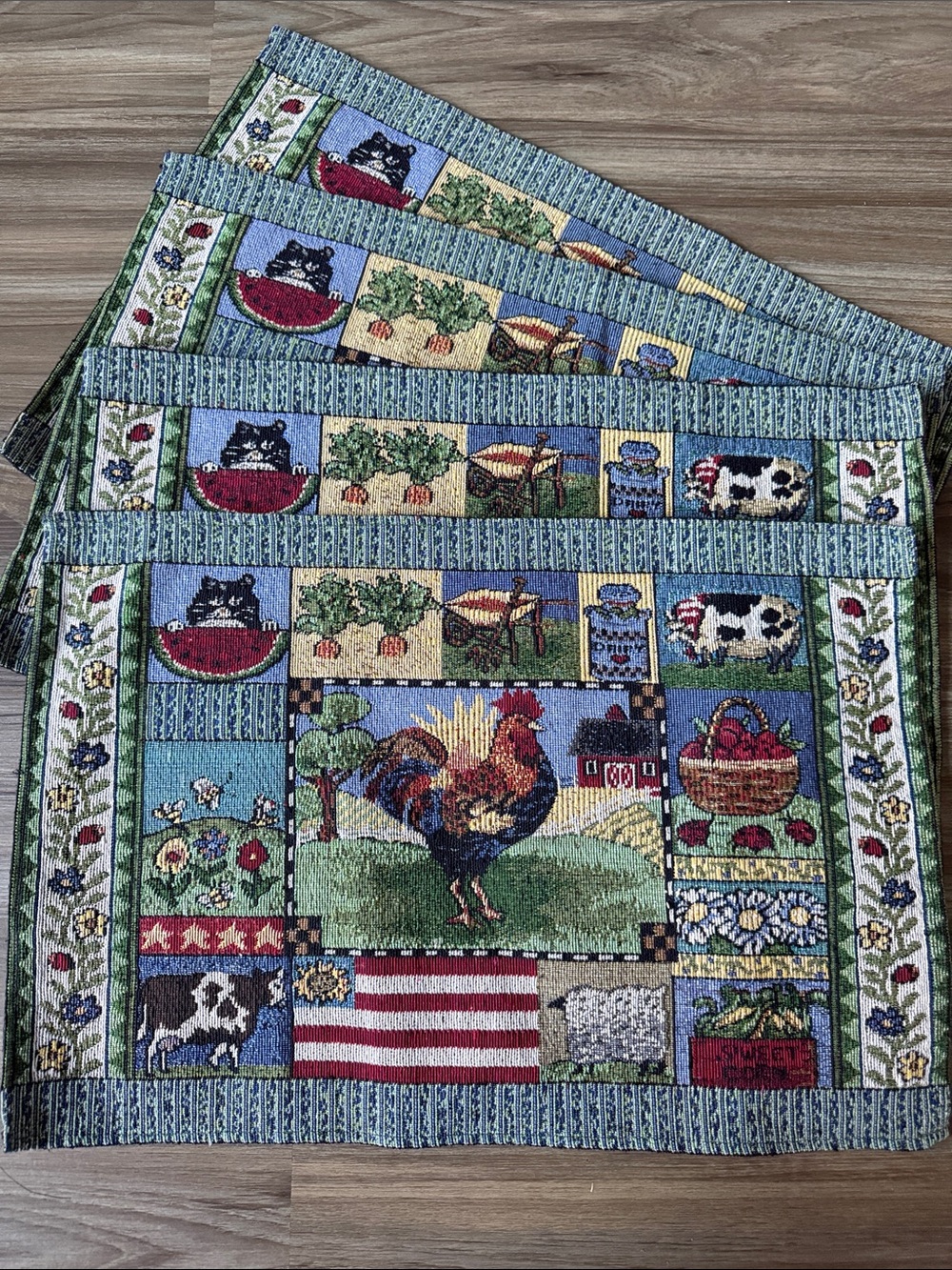 Set of 4 Woven Placemats Farm Animals Rooster Americana Country Theme 19" x 13"